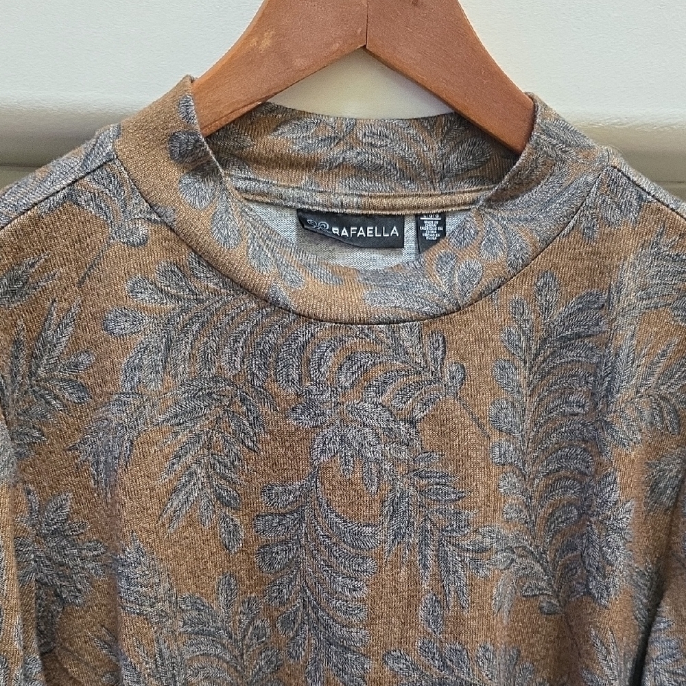 Rafaella Women's Crewneck Sweater in Tan and Gray Leaf Design